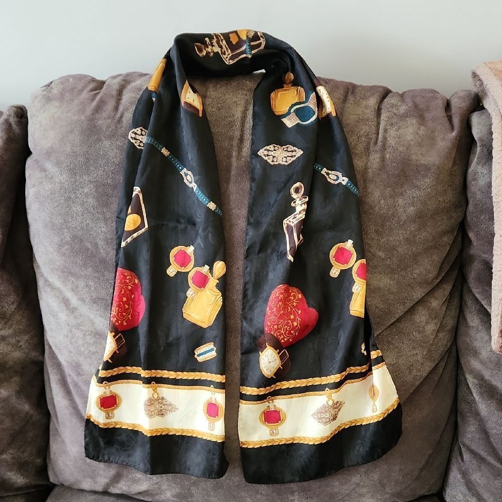 Liz Claiborne Black Scarf with Gold and Red Details Vintage Silky Scarf